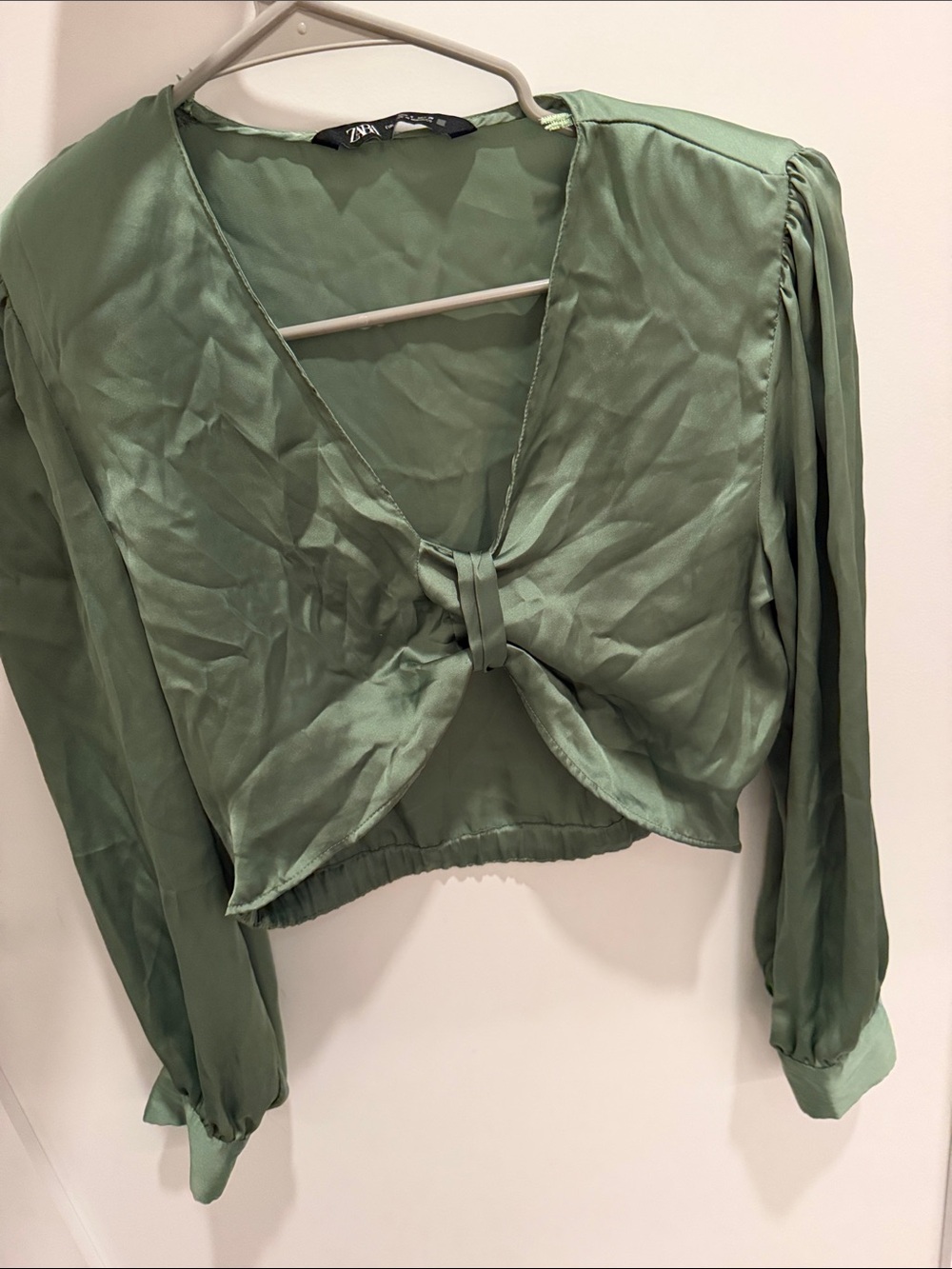 Zara Sage Green Knot-Front Long Sleeve Crop Blouse